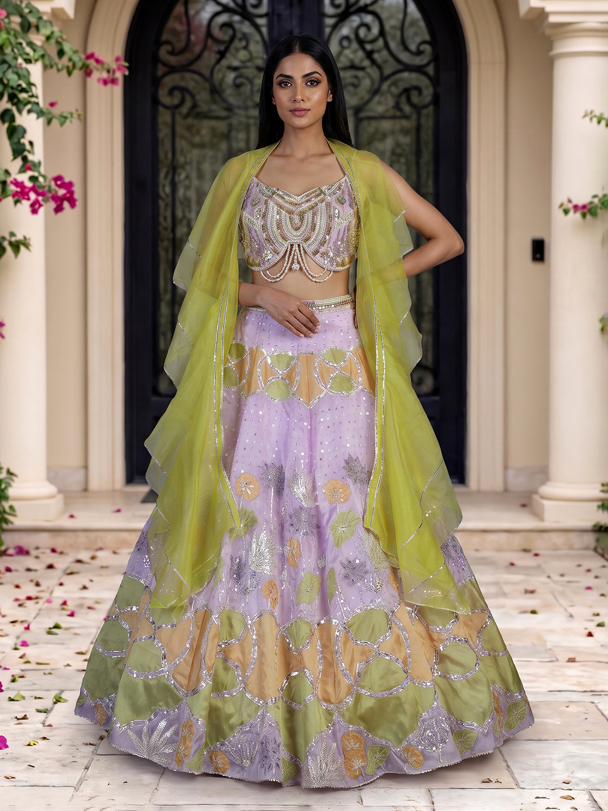 Purple silk ruffle cape designer lehenga look