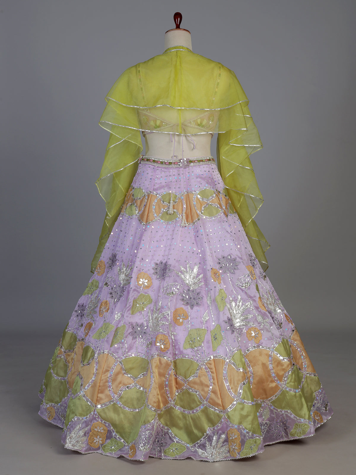 Purple silk ruffle cape designer lehenga look