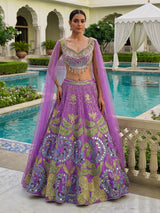 Purple silk cape designer party lehenga attire