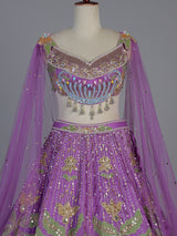 Purple silk cape designer party lehenga attire