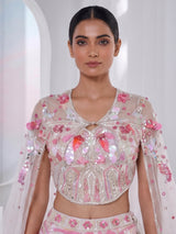 Pink silk cape style designer lehenga ensemble