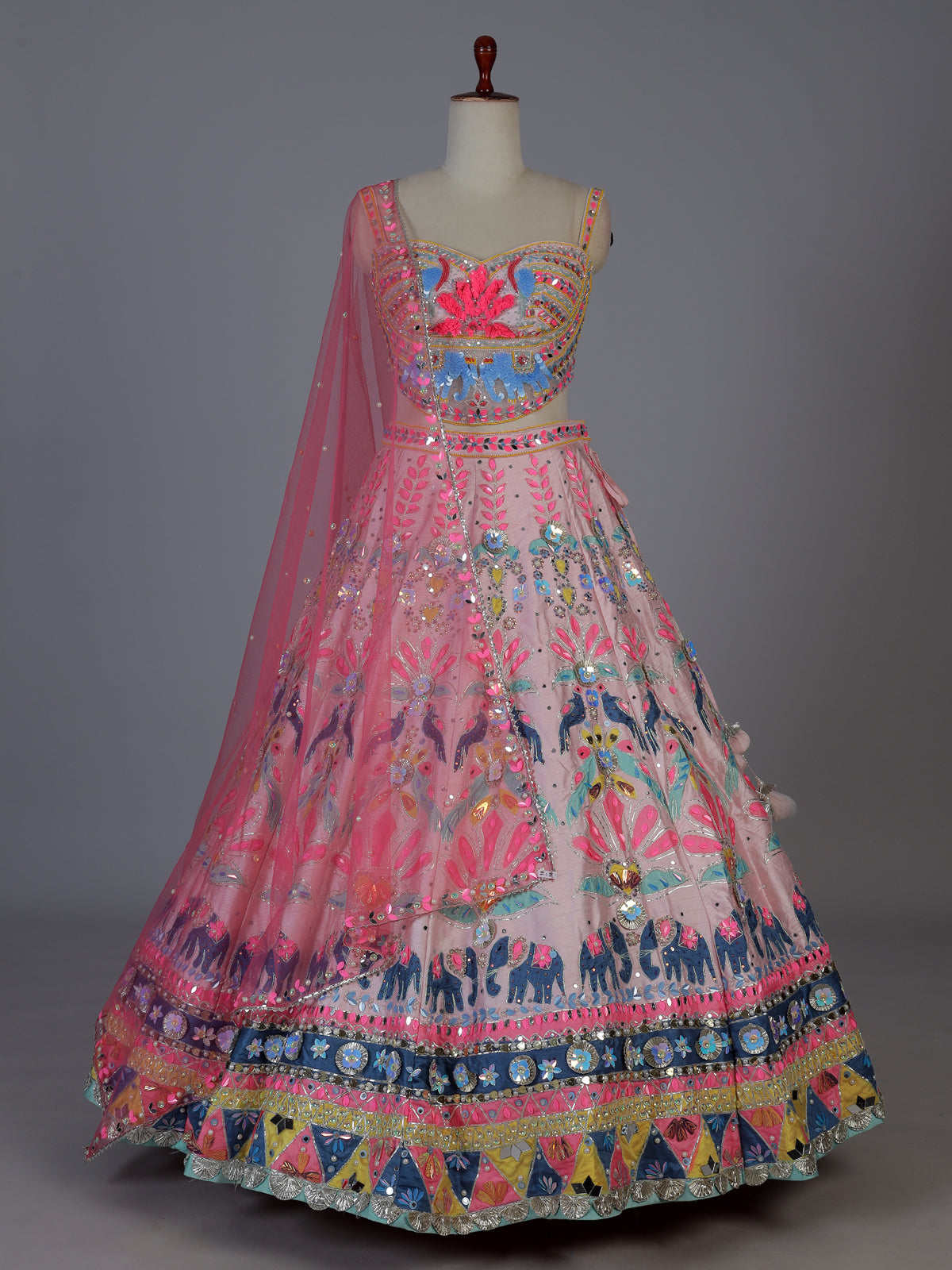 Pink raw silk elephant motif festive lehenga choli