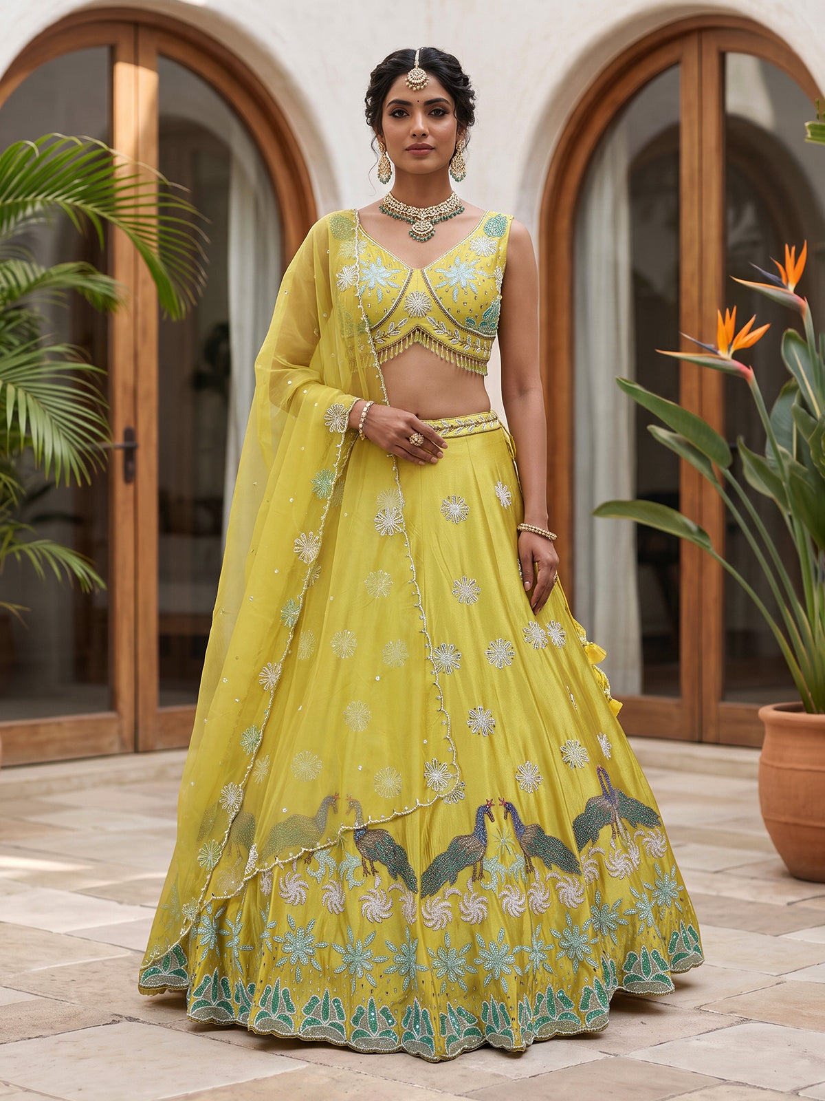 Yellow raw silk embroidered haldi lehenga attire