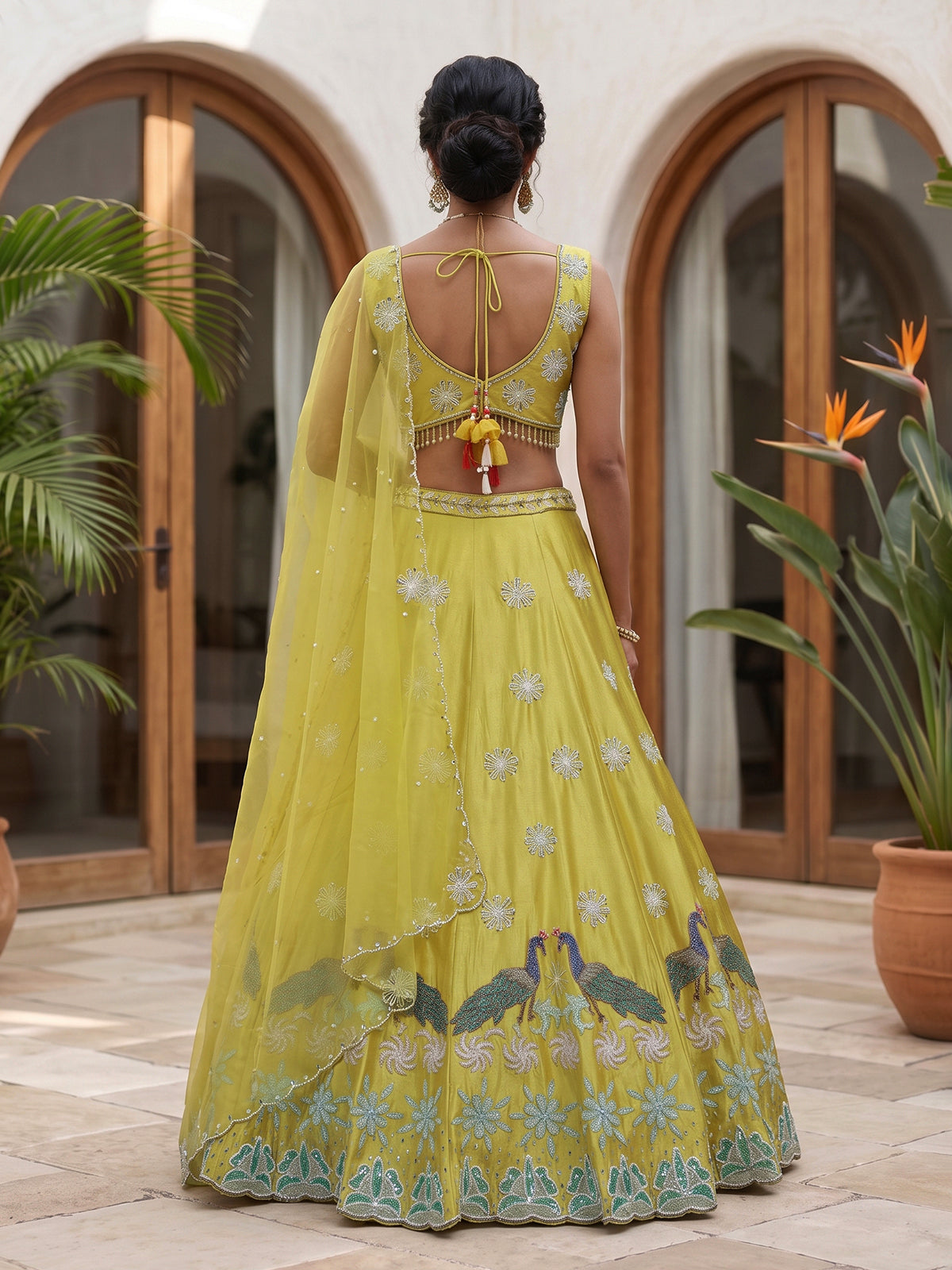 Yellow raw silk embroidered haldi lehenga attire