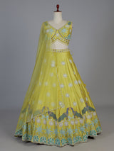 Yellow raw silk embroidered haldi lehenga attire