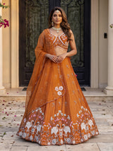 Rust orange raw silk swan motif lehenga choli with dupatta