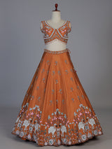 Rust orange raw silk swan motif lehenga choli with dupatta