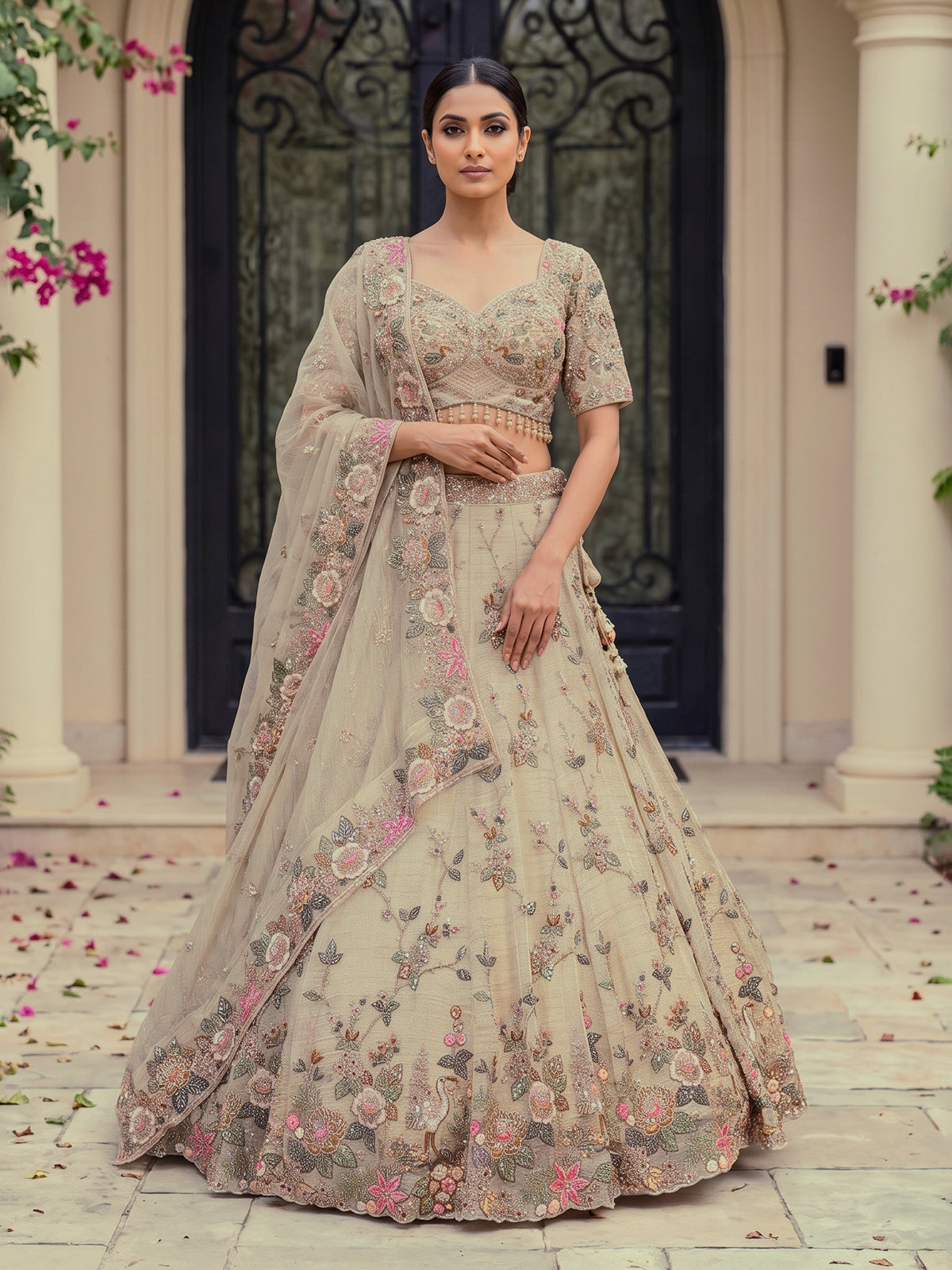 Gold shimmer silk embroidered festive lehenga choli