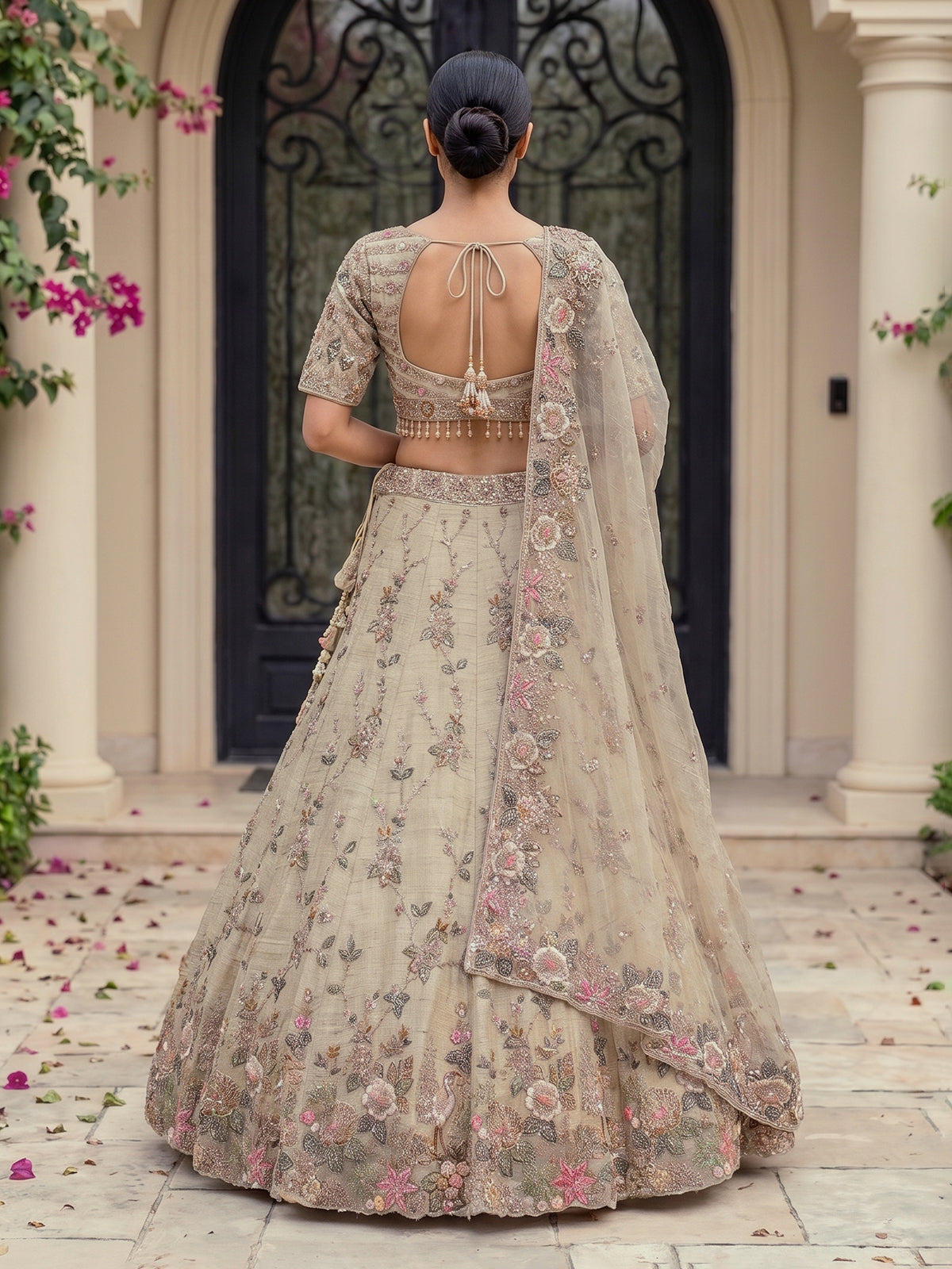 Gold shimmer silk embroidered festive lehenga choli