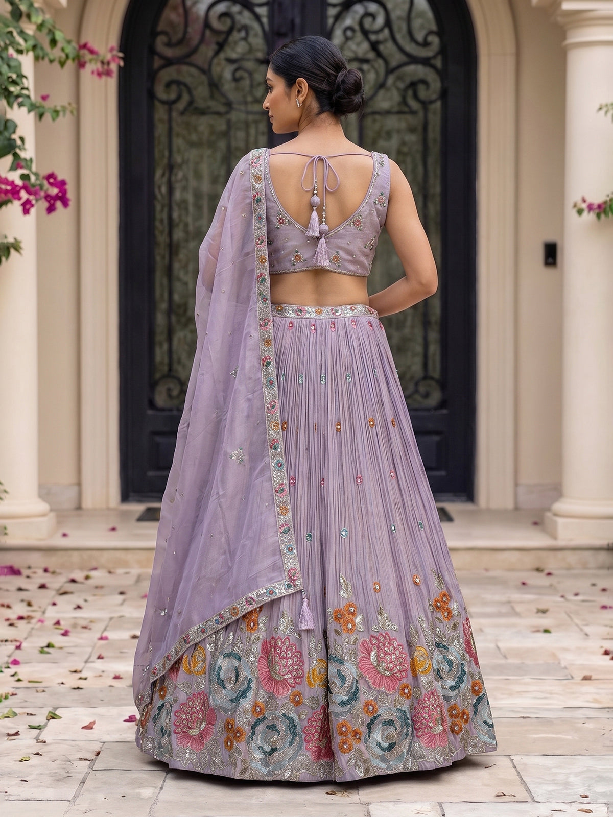 Lavender crepe silk floral garden lehenga ensemble