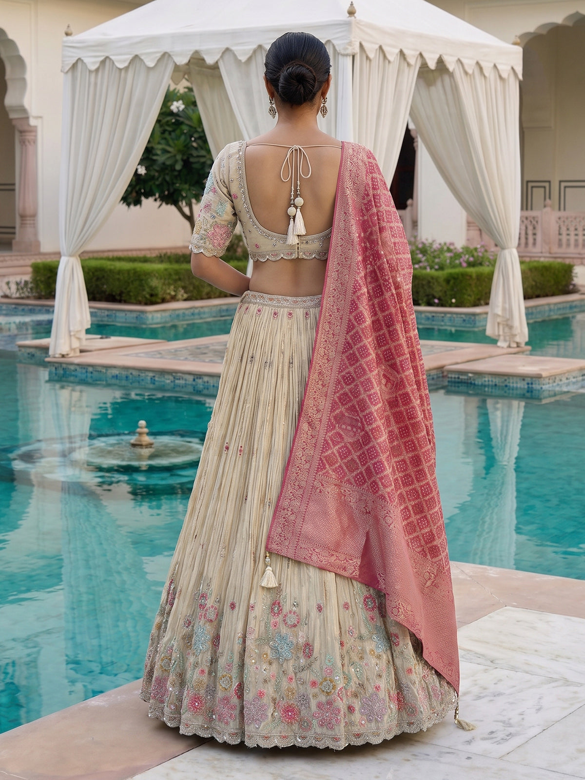 Golden crepe silk botanical embroidered lehenga attire
