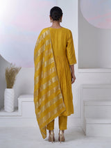 Mustard yellow silk embellished yoke style kurti set with dupatta