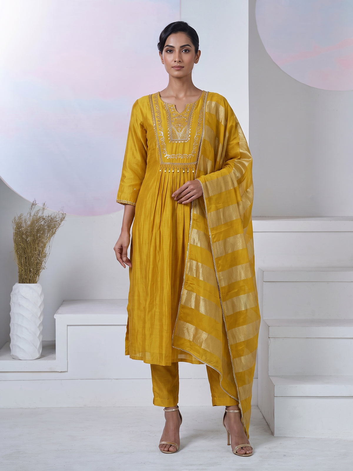Mustard yellow silk embellished yoke style kurti set with dupatta