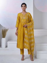 Mustard yellow silk embellished yoke style kurti set with dupatta