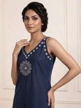 Navy cotton embroidered straight kurti set with dupatta