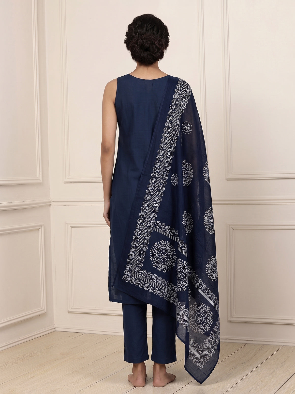 Navy cotton embroidered straight kurti set with dupatta
