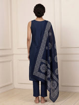Navy cotton embroidered straight kurti set with dupatta