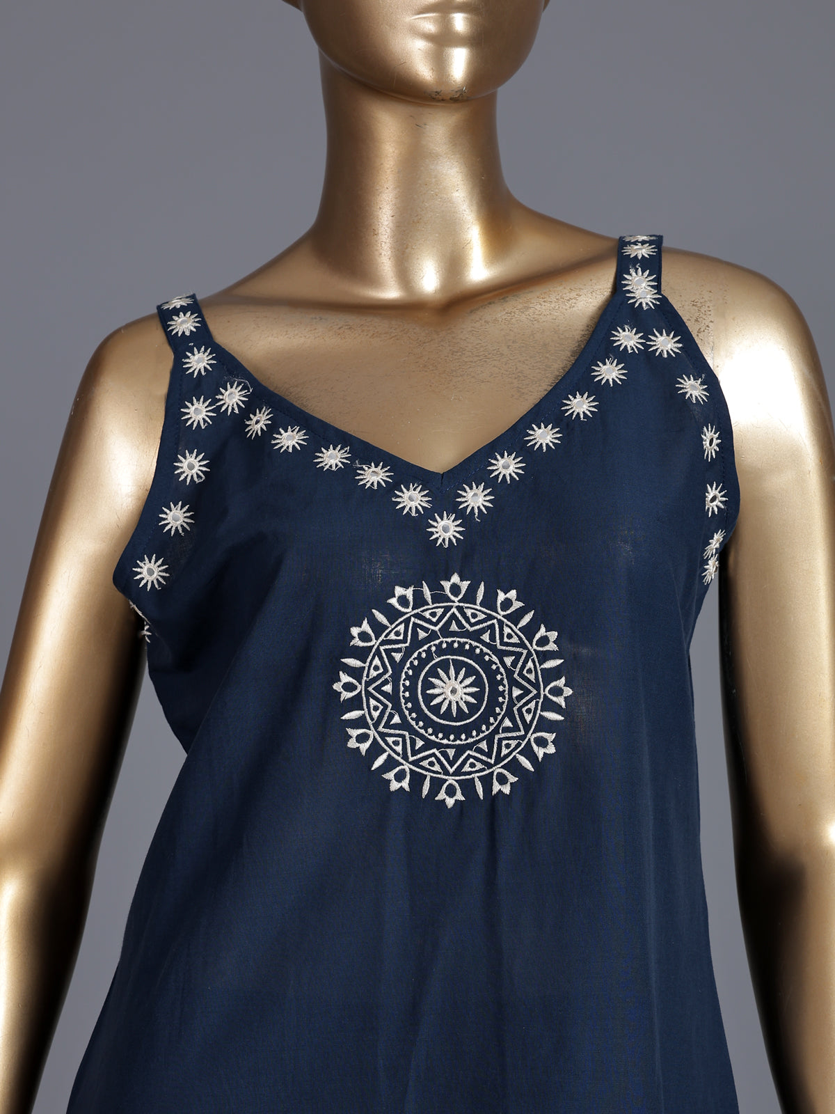 Navy cotton embroidered straight kurti set with dupatta