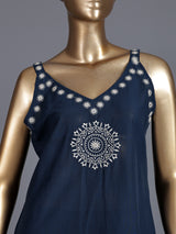 Navy cotton embroidered straight kurti set with dupatta