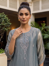 Stone grey tissue silk embellished palazzo kurti set for women