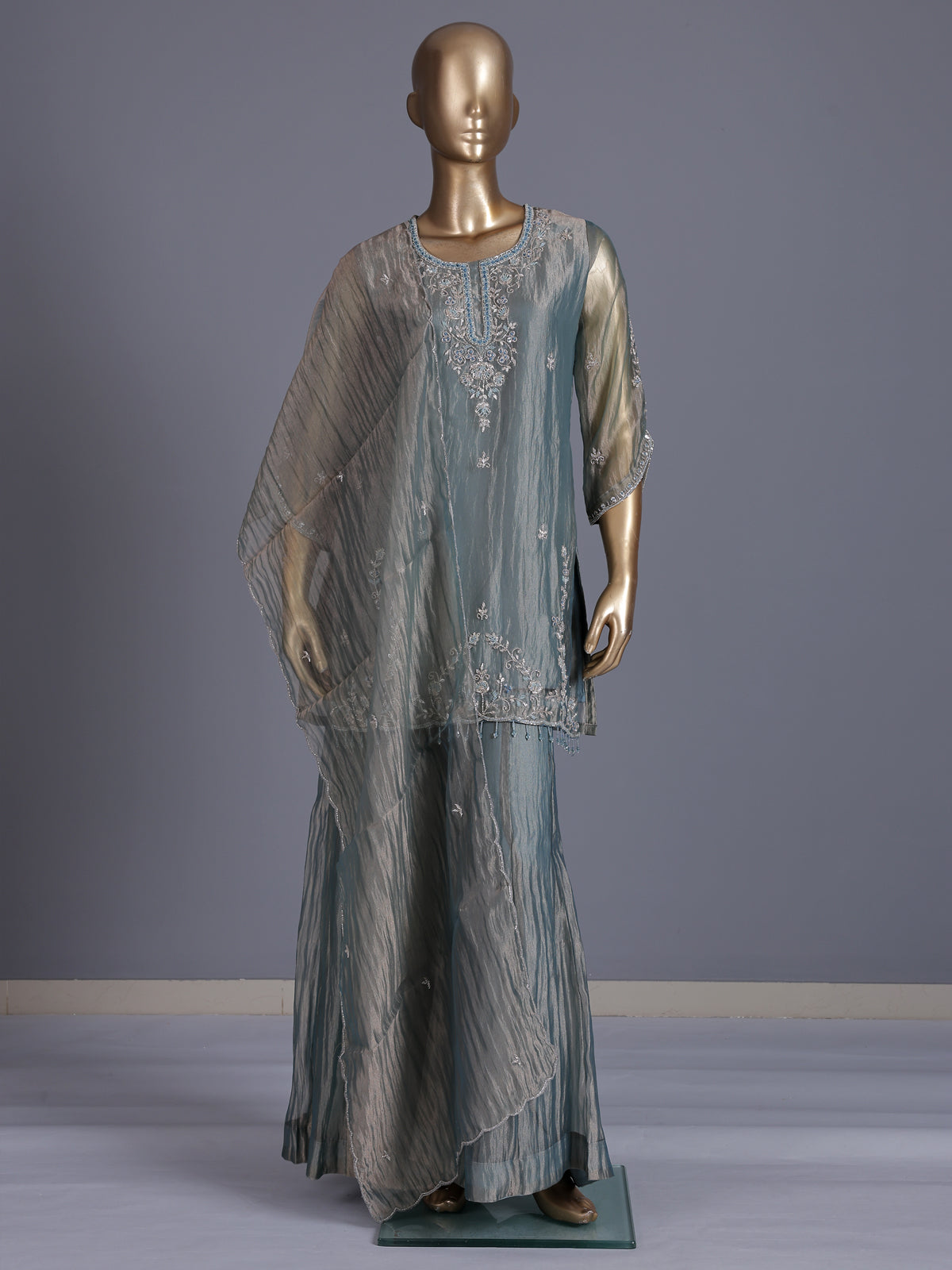 Stone grey tissue silk embellished palazzo kurti set for women