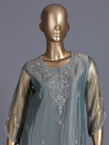 Stone grey tissue silk embellished palazzo kurti set for women