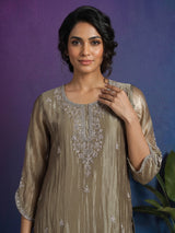 Beige tissue silk embellished palazzo kurti set for women
