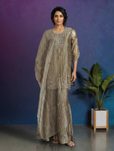 Beige tissue silk embellished palazzo kurti set for women