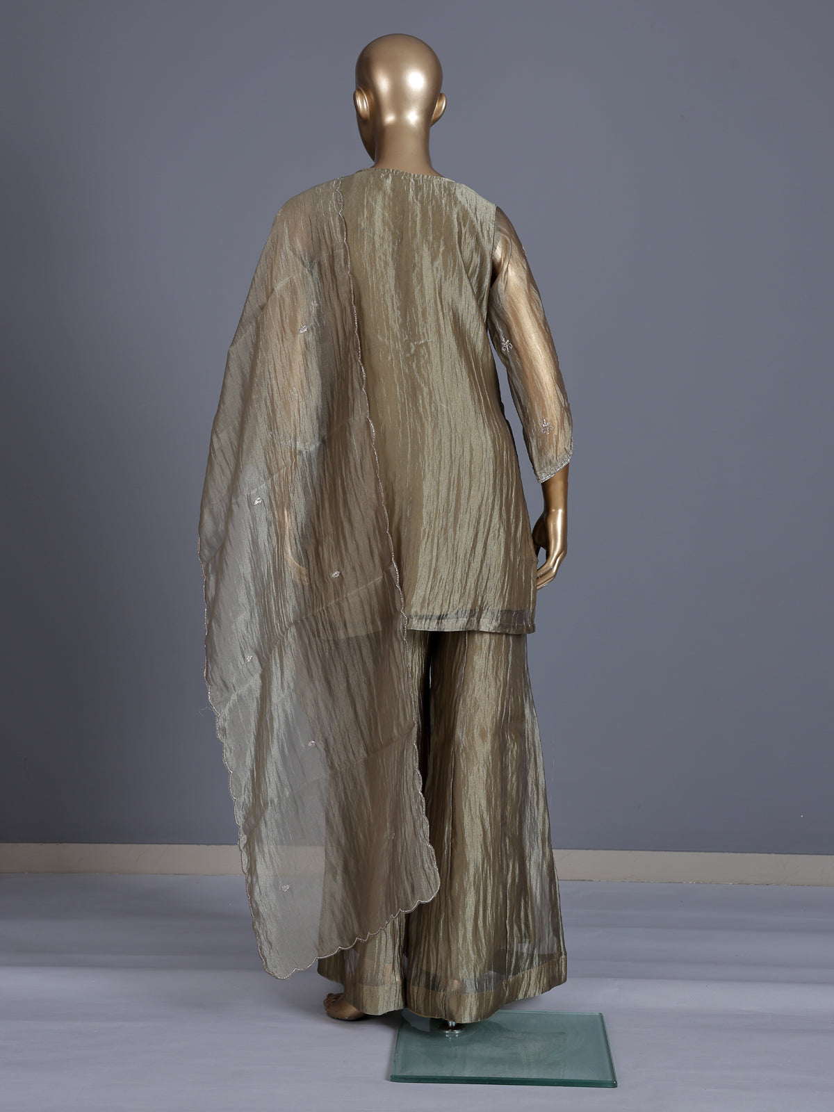 Beige tissue silk embellished palazzo kurti set for women