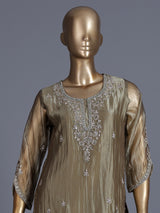 Beige tissue silk embellished palazzo kurti set for women