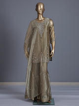 Beige tissue silk embellished palazzo kurti set for women