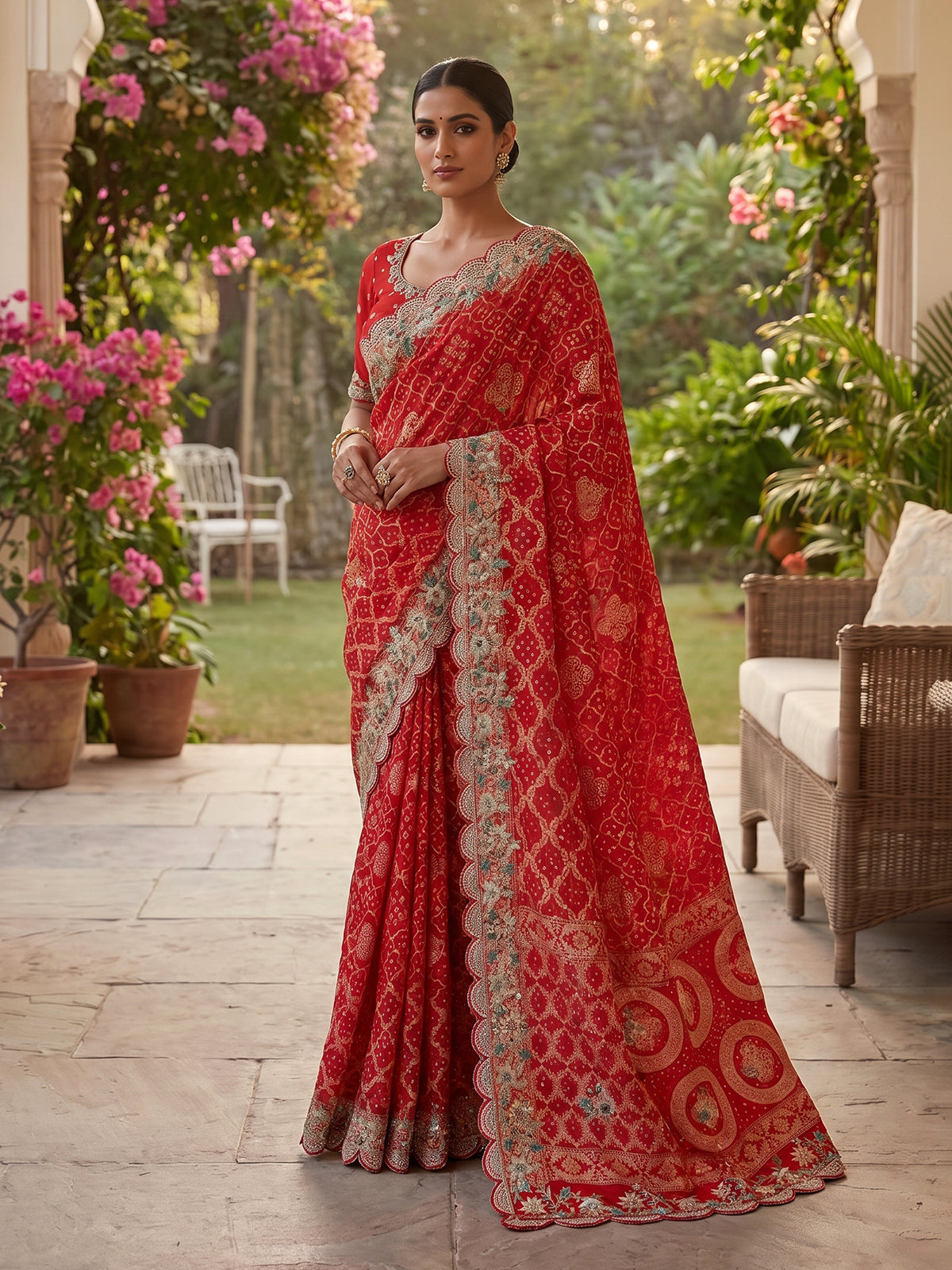 Red bandhani georgette heritage saree