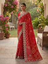 Red bandhani georgette heritage saree