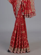 Red bandhani georgette heritage saree