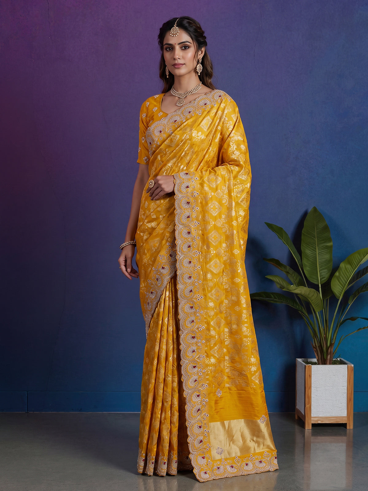 Yellow dola silk scalloped festive saree