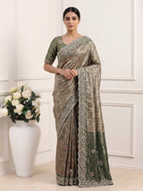Green art tissue silk peacock embroidered designer saree