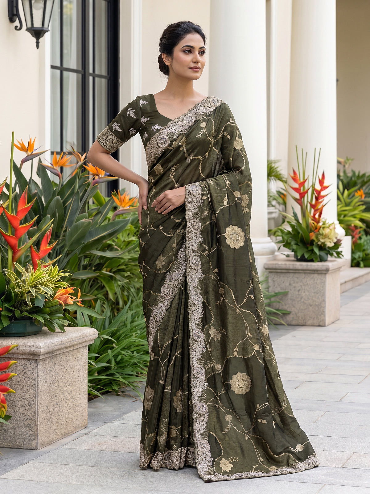 Green dola silk floral embroidered festive saree