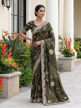 Green dola silk floral embroidered festive saree