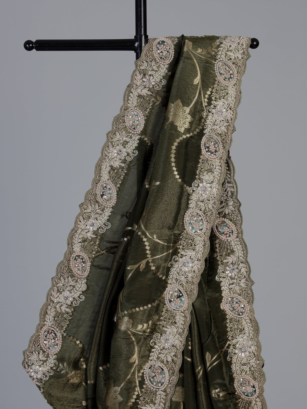 Green dola silk floral embroidered festive saree
