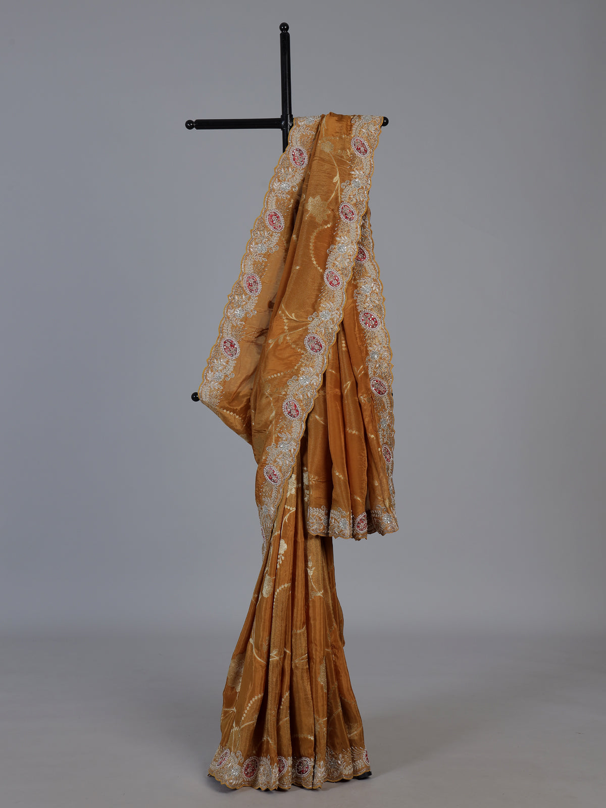 Mustard yellow dola silk floral zari saree