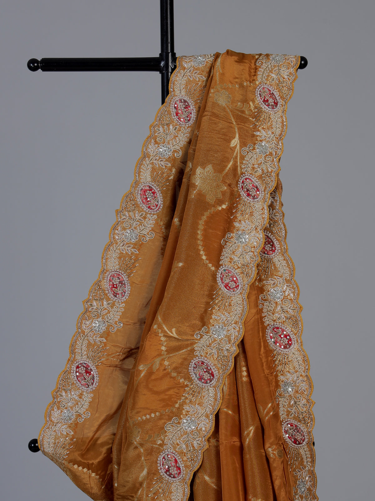 Mustard yellow dola silk floral zari saree