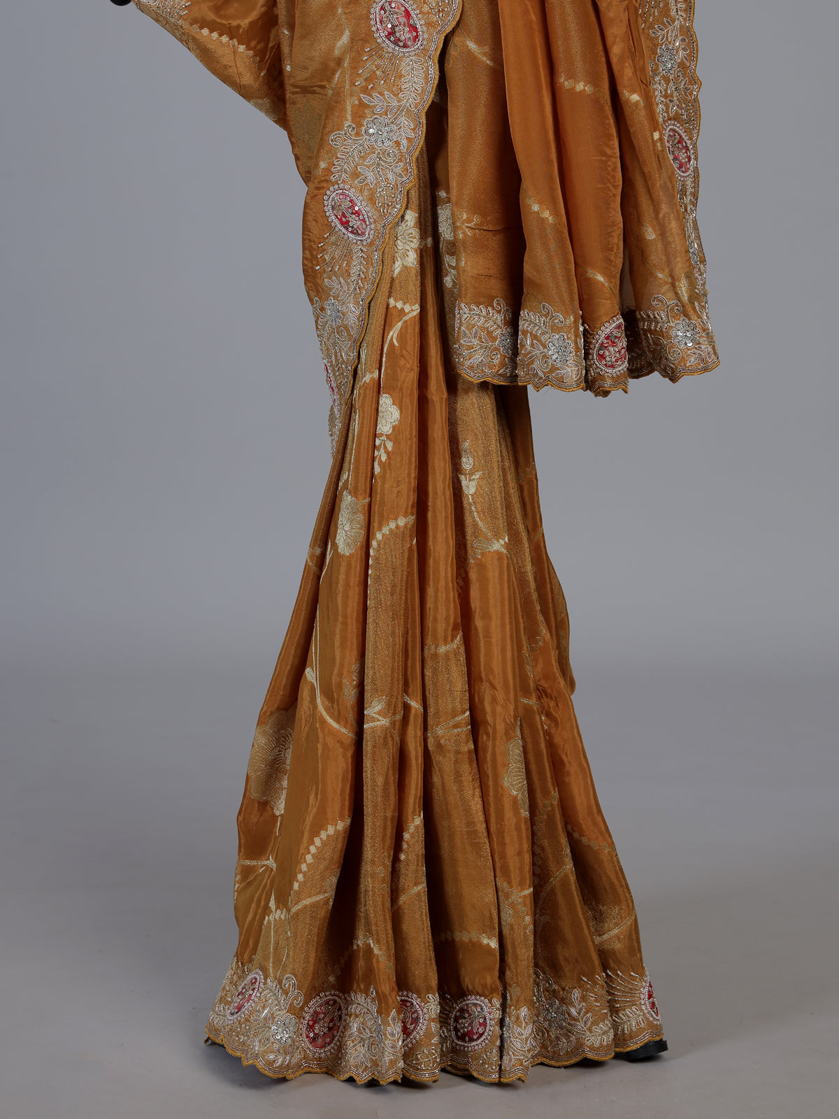 Mustard yellow dola silk floral zari saree