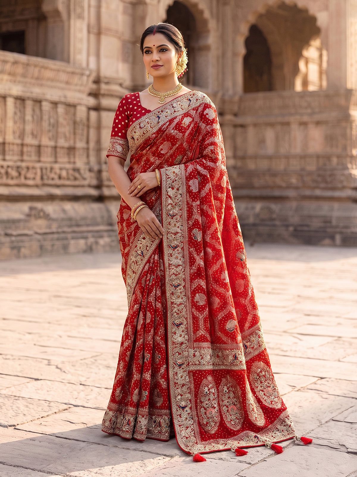 Red bandhani georgette festive saree