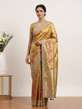 Mustard yellow floral designer tissue silk saree