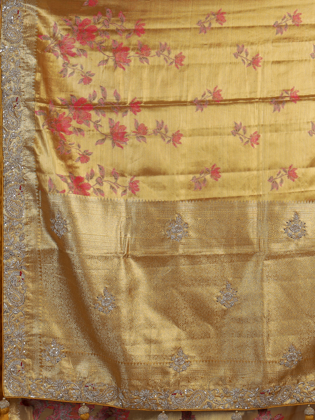 Mustard yellow floral designer tissue silk saree