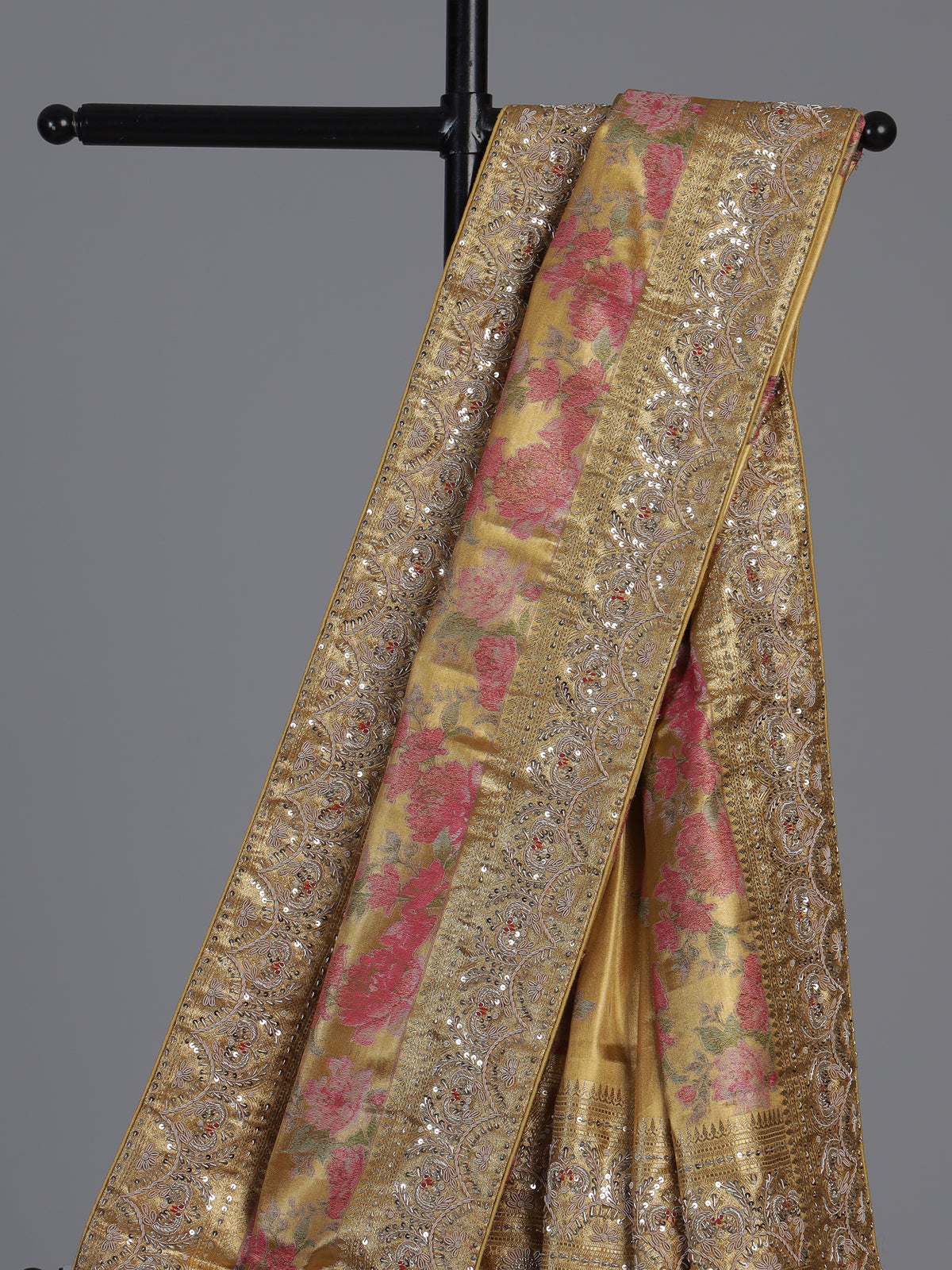 Mustard yellow tissue silk saree with floral print