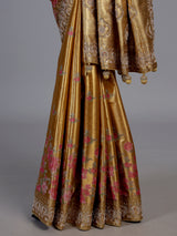 Mustard yellow tissue silk saree with floral print