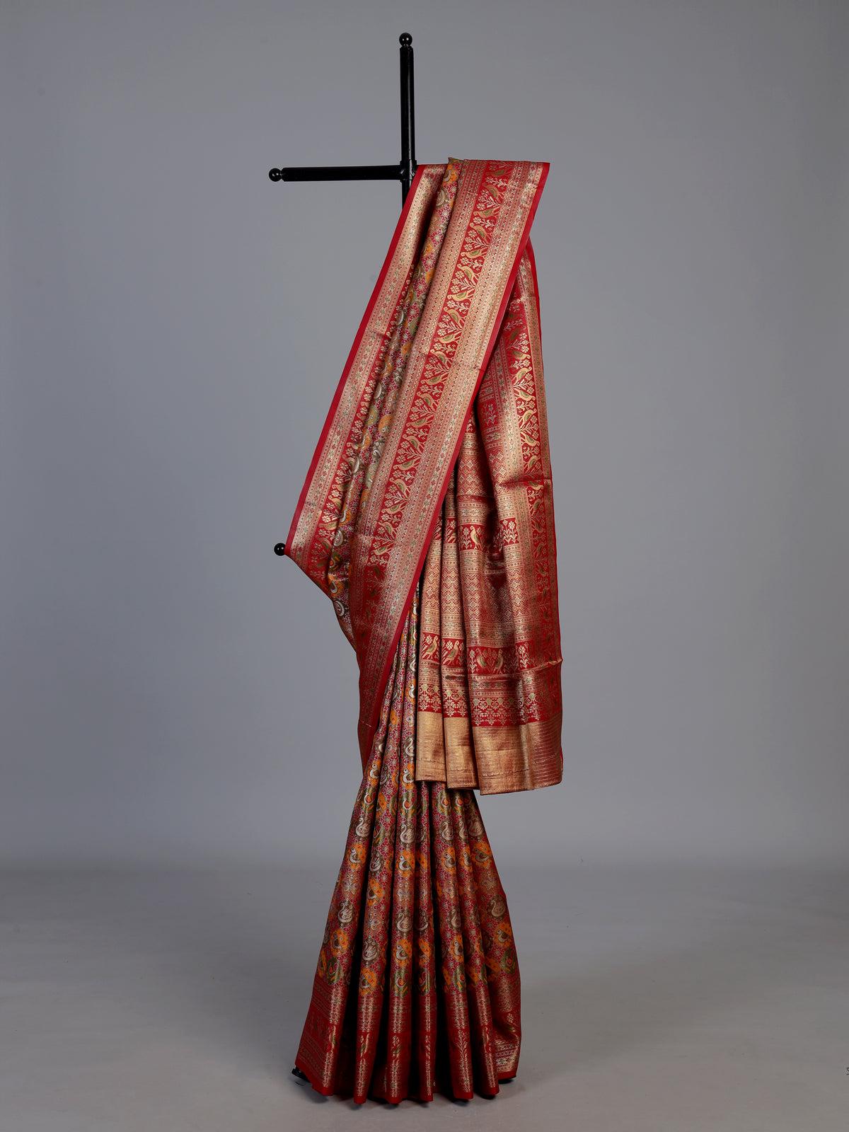 Red art tissue kanjivaram parrot border saree