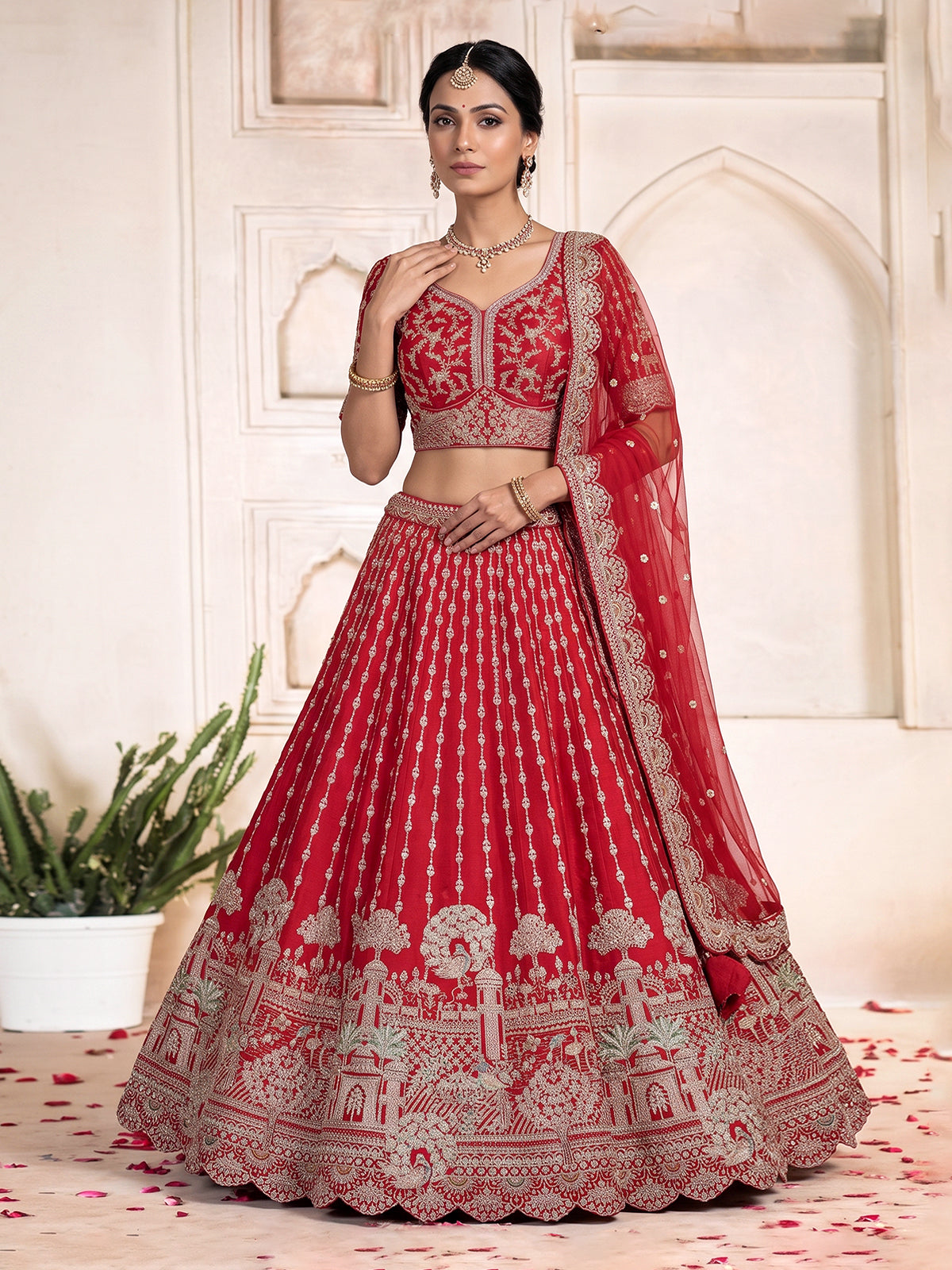 Red raw silk bridal unstitched lehenga choli with zardosi embellishments