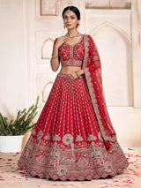 Red raw silk bridal unstitched lehenga choli with zardosi embellishments